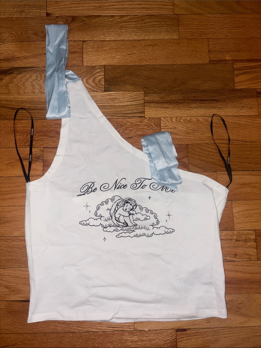 Vintage Forever 21 White Cropped One-Shoulder Tank with Light Blue Ribbon Straps